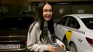 Nerdy babe sucks dick on parking lot